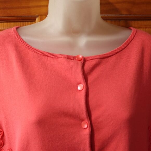 Talbots Coral Pink Floral Applique Cardigan Sweater Y2K Layering Large - Picture 9 of 12